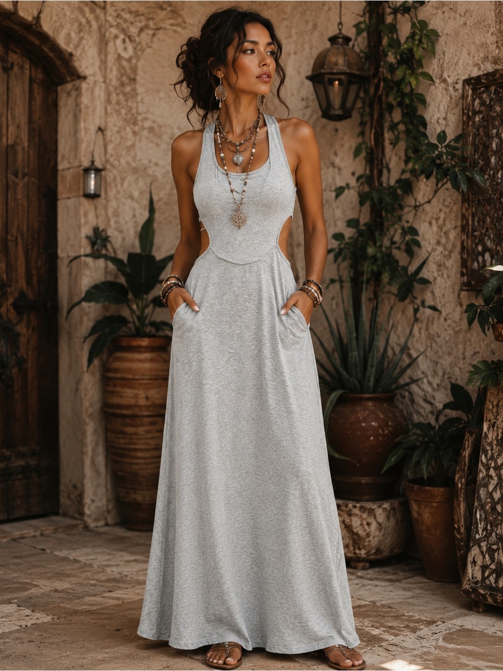 Backless Halter Maxi Dress in Light Gray with Cutouts